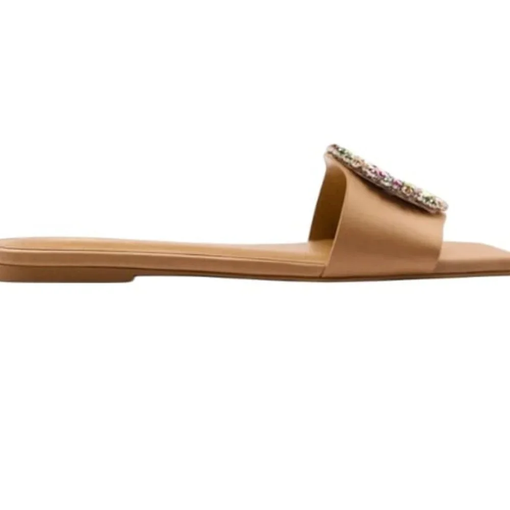 Beige Jewel-Embellished Slide Sandals - Picture 3 of 6